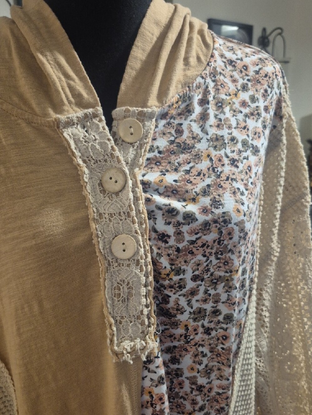 BiBi Beige Patchwork Hooded Top with Floral Panel - Picture 3 of 13